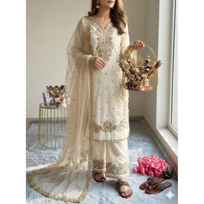 Generic Women's Silk Embroidered 3/4th Sleeve Round Kurti With Palazzo Pant and Dupatta Set (White)