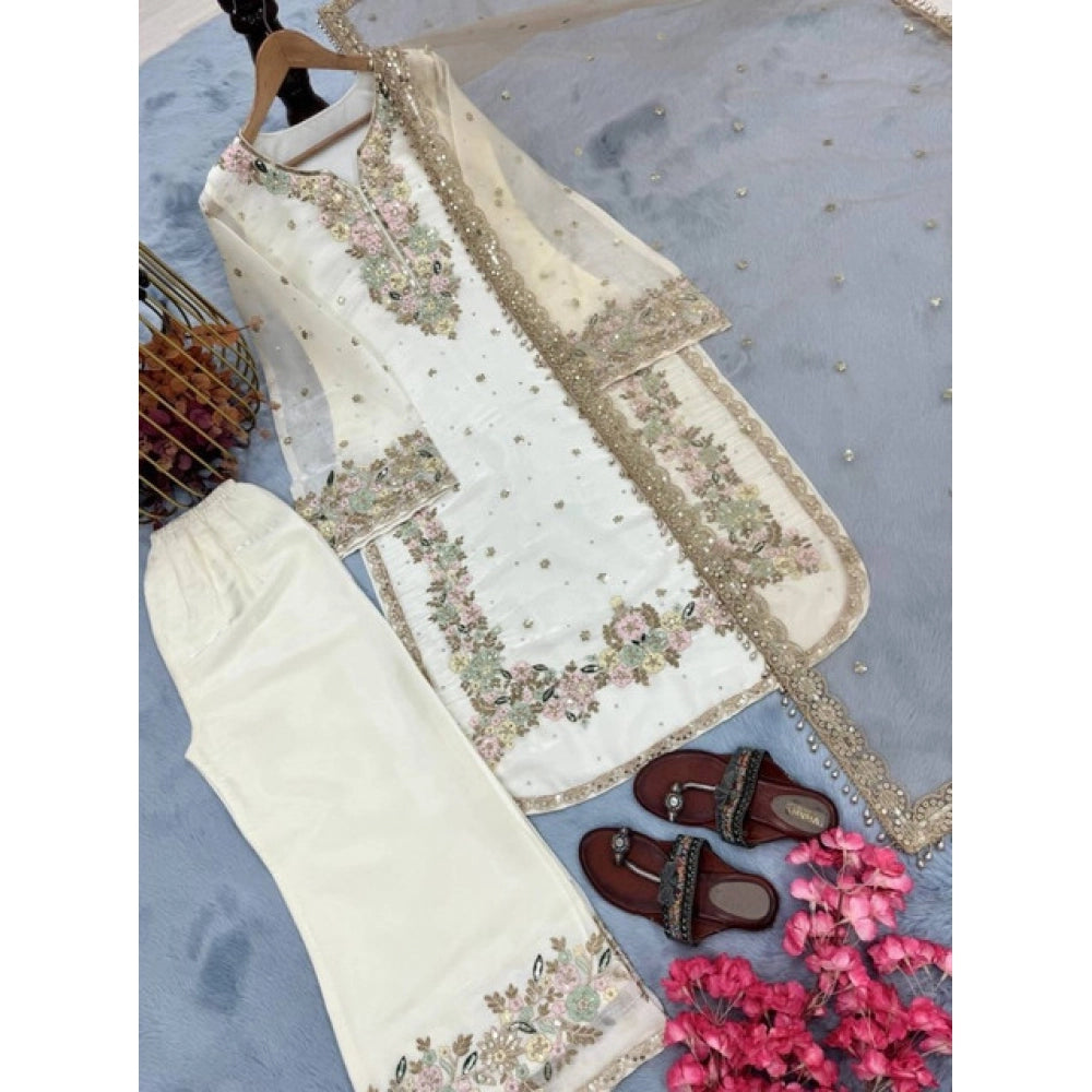 Generic Women's Silk Embroidered 3/4th Sleeve Round Kurti With Palazzo Pant and Dupatta Set (White)