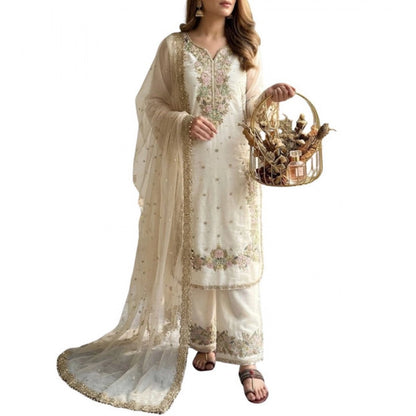 Generic Women's Silk Embroidered 3/4th Sleeve Round Kurti With Palazzo Pant and Dupatta Set (White)