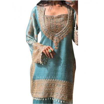 Generic Women's Silk Embroidered 3/4th Sleeve Round Kurti With Sharara Pant and Dupatta Set (Sea Green)