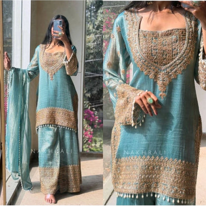 Generic Women's Silk Embroidered 3/4th Sleeve Round Kurti With Sharara Pant and Dupatta Set (Sea Green)
