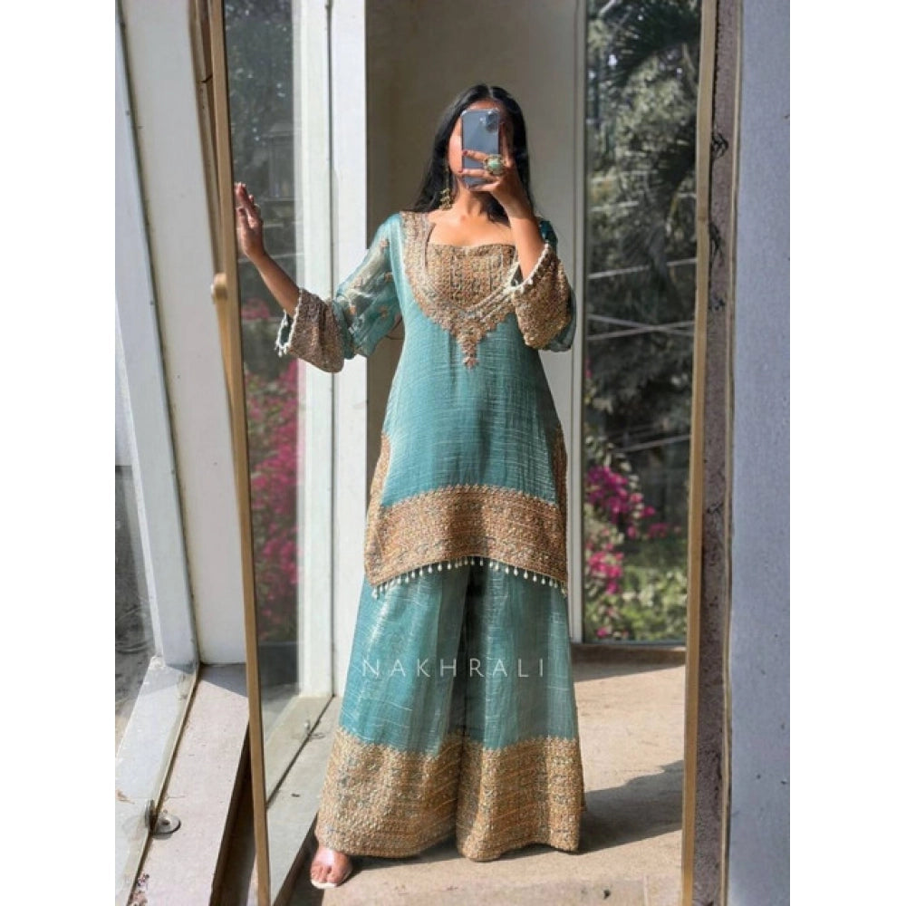 Generic Women's Silk Embroidered 3/4th Sleeve Round Kurti With Sharara Pant and Dupatta Set (Sea Green)