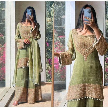 Generic Women's Silk Embroidered 3/4th Sleeve Round Kurti With Sharara Pant and Dupatta Set (Green)