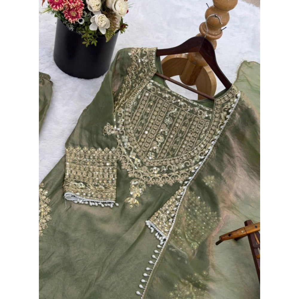 Generic Women's Silk Embroidered 3/4th Sleeve Round Kurti With Sharara Pant and Dupatta Set (Green)
