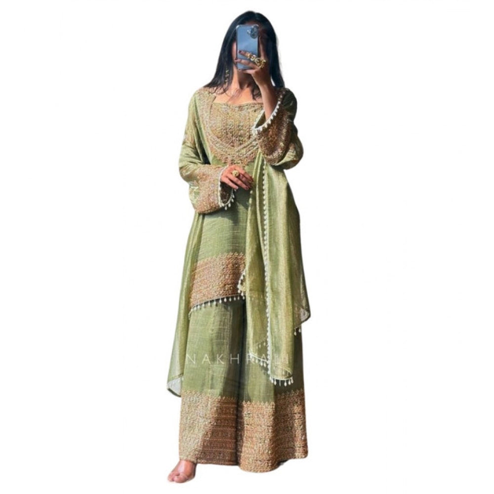 Generic Women's Silk Embroidered 3/4th Sleeve Round Kurti With Sharara Pant and Dupatta Set (Green)