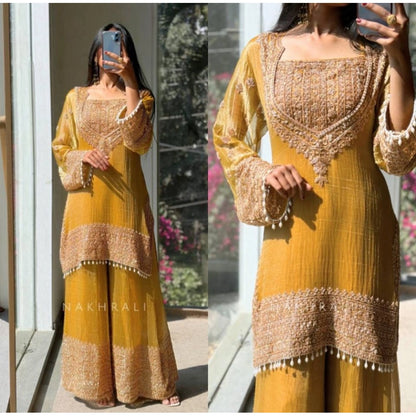 Generic Women's Silk Embroidered 3/4th Sleeve Round Kurti With Sharara Pant and Dupatta Set (Yellow)