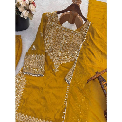 Generic Women's Silk Embroidered 3/4th Sleeve Round Kurti With Sharara Pant and Dupatta Set (Yellow)