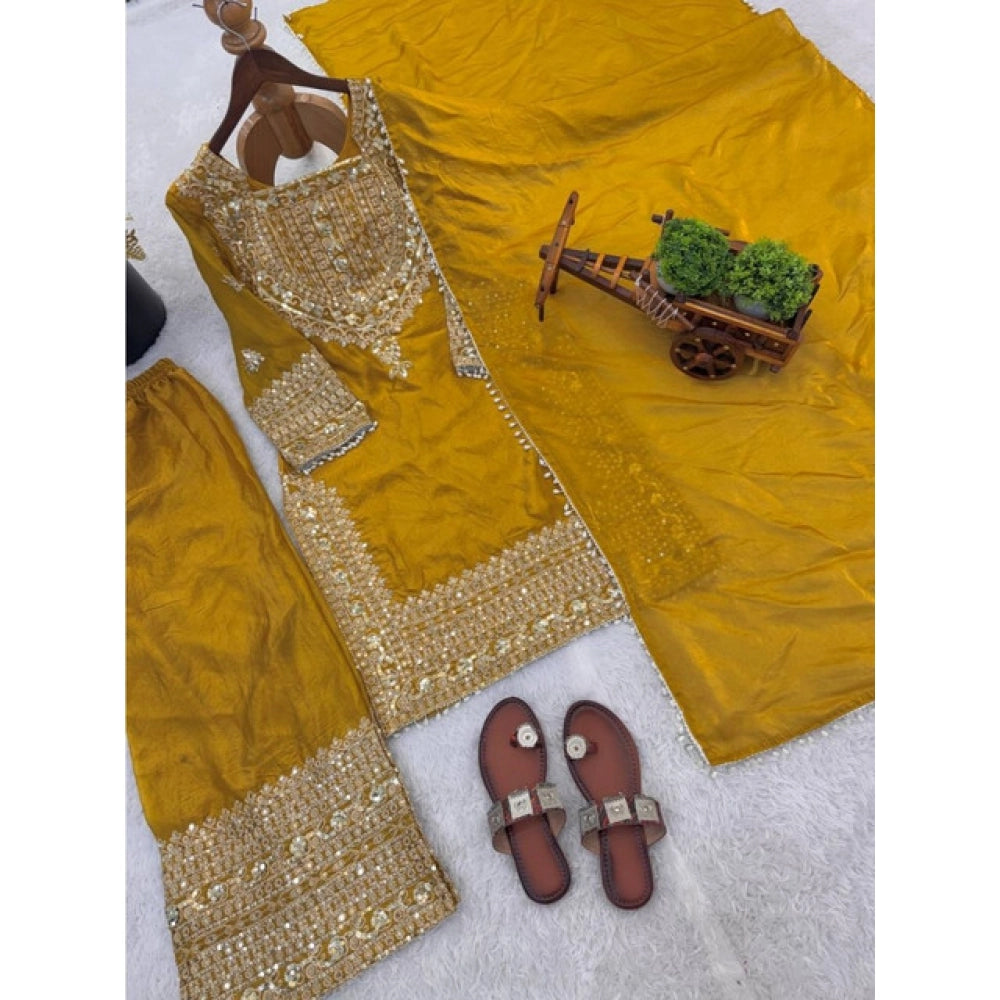 Generic Women's Silk Embroidered 3/4th Sleeve Round Kurti With Sharara Pant and Dupatta Set (Yellow)