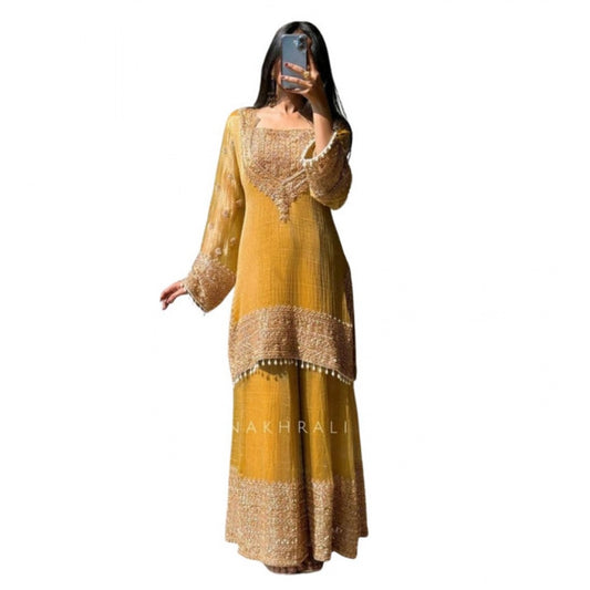 Generic Women's Silk Embroidered 3/4th Sleeve Round Kurti With Sharara Pant and Dupatta Set (Yellow)