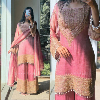 Generic Women's Silk Embroidered 3/4th Sleeve Round Kurti With Sharara Pant and Dupatta Set (Pink)