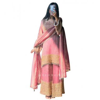 Generic Women's Silk Embroidered 3/4th Sleeve Round Kurti With Sharara Pant and Dupatta Set (Pink)
