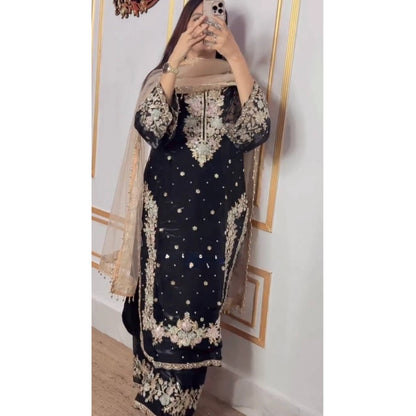 Generic Women's Silk Embroidered 3/4th Sleeve Round Readymade Kurti With Palazzo Pant and Dupatta Set (Black)