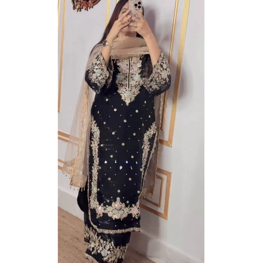 Generic Women's Silk Embroidered 3/4th Sleeve Round Readymade Kurti With Palazzo Pant and Dupatta Set (Black)