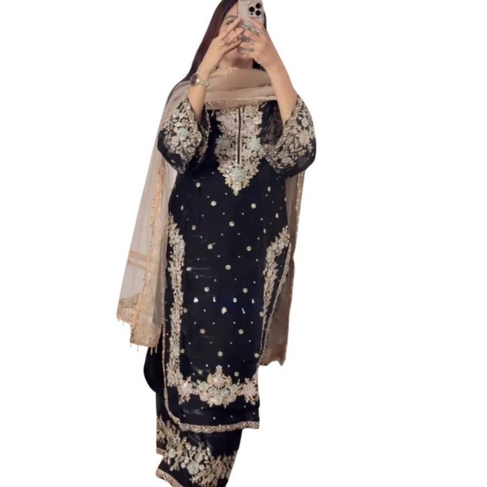 Generic Women's Silk Embroidered 3/4th Sleeve Round Readymade Kurti With Palazzo Pant and Dupatta Set (Black)