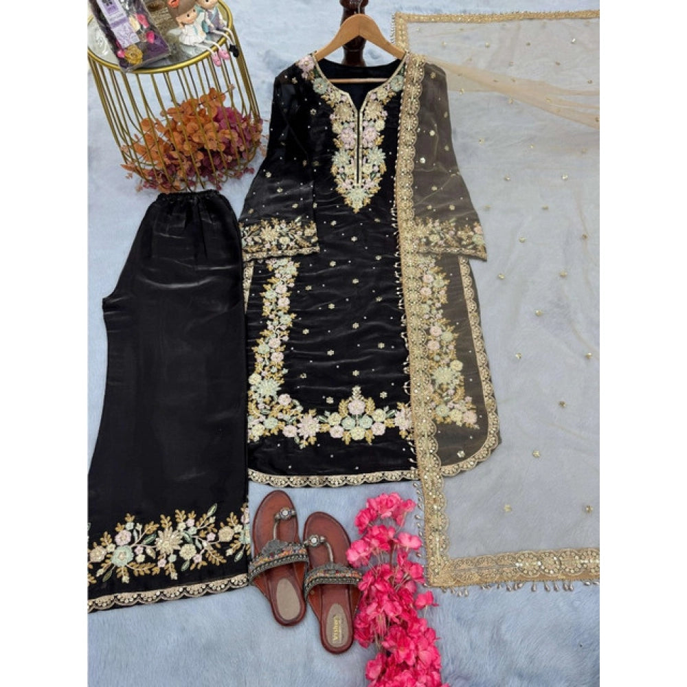 Generic Women's Silk Embroidered 3/4th Sleeve Round Readymade Kurti With Palazzo Pant and Dupatta Set (Black)