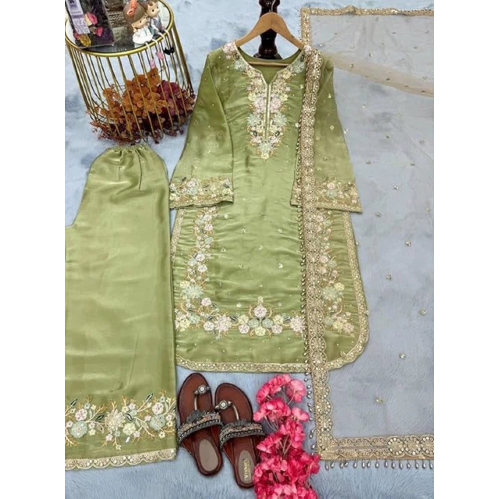 Generic Women's Silk Embroidered 3/4th Sleeve Round Readymade Kurti With Palazzo Pant and Dupatta Set (Pista)
