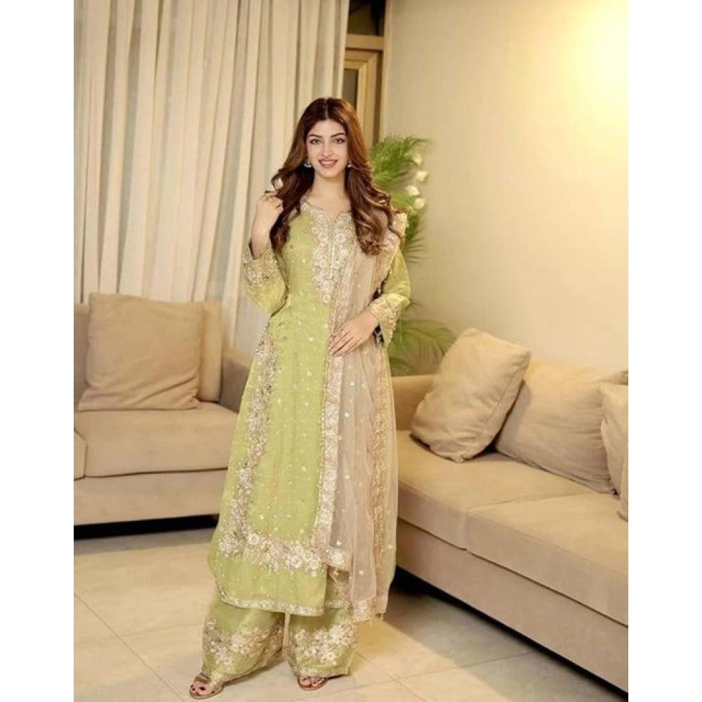 Generic Women's Silk Embroidered 3/4th Sleeve Round Readymade Kurti With Palazzo Pant and Dupatta Set (Pista)