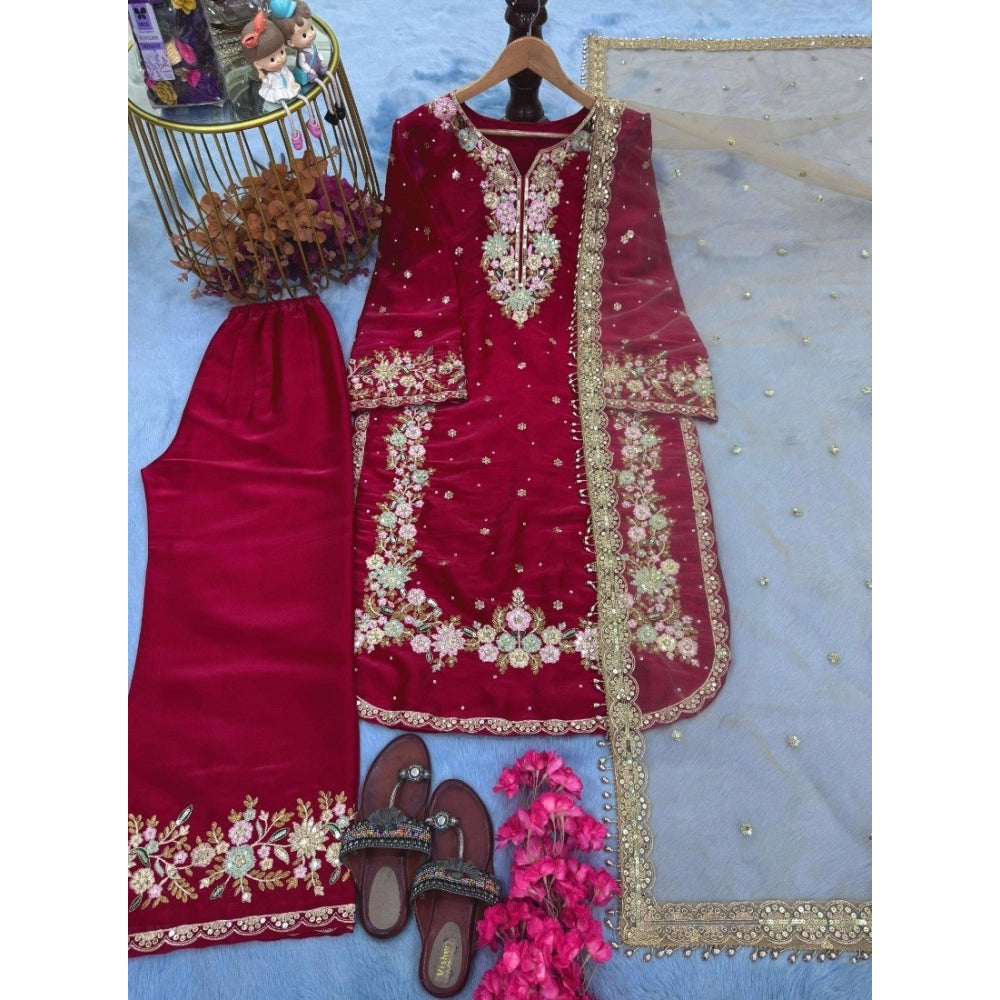Generic Women's Silk Embroidered 3/4th Sleeve Round Readymade Kurti With Palazzo Pant and Dupatta Set (Red)