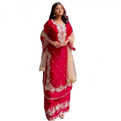 Generic Women's Silk Embroidered 3/4th Sleeve Round Readymade Kurti With Palazzo Pant and Dupatta Set (Red)