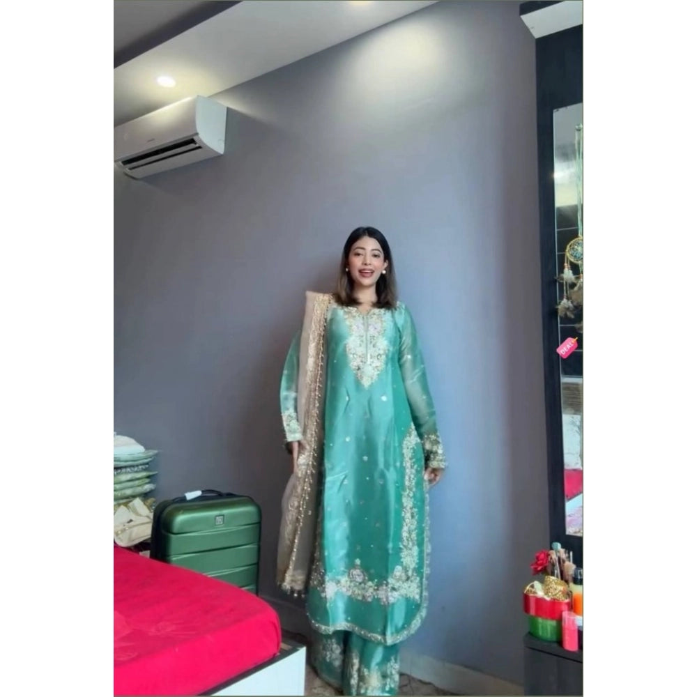 Generic Women's Silk Embroidered 3/4th Sleeve Round Readymade Kurti With Palazzo Pant and Dupatta Set (Sea Green)