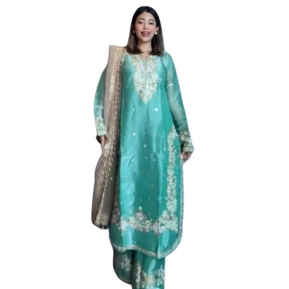 Generic Women's Silk Embroidered 3/4th Sleeve Round Readymade Kurti With Palazzo Pant and Dupatta Set (Sea Green)