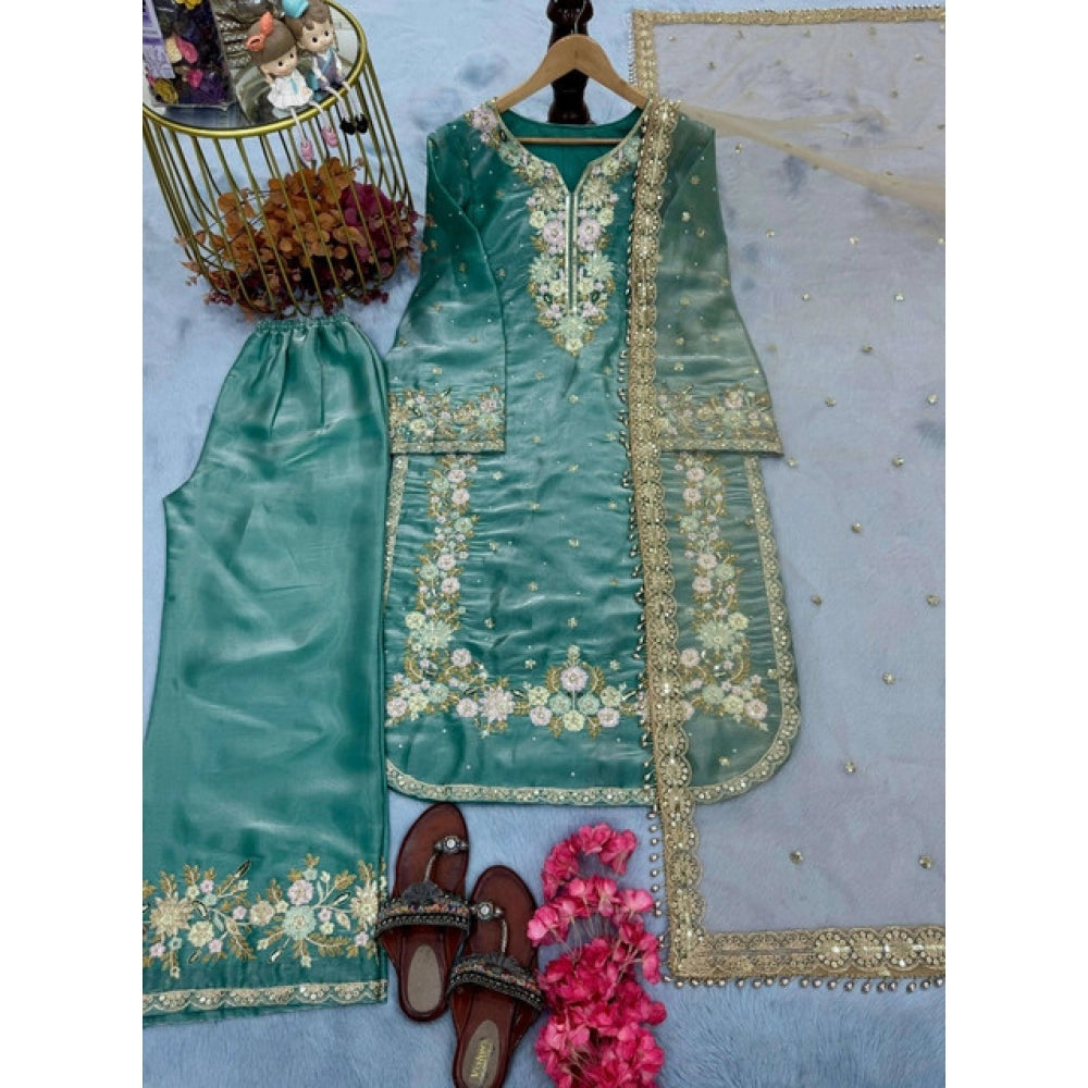 Generic Women's Silk Embroidered 3/4th Sleeve Round Readymade Kurti With Palazzo Pant and Dupatta Set (Sea Green)