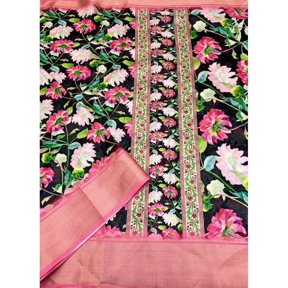 Generic Women's Cotton Silk Floral Printed Saree With Unstitched Blouse 5.5Mtr (Black)