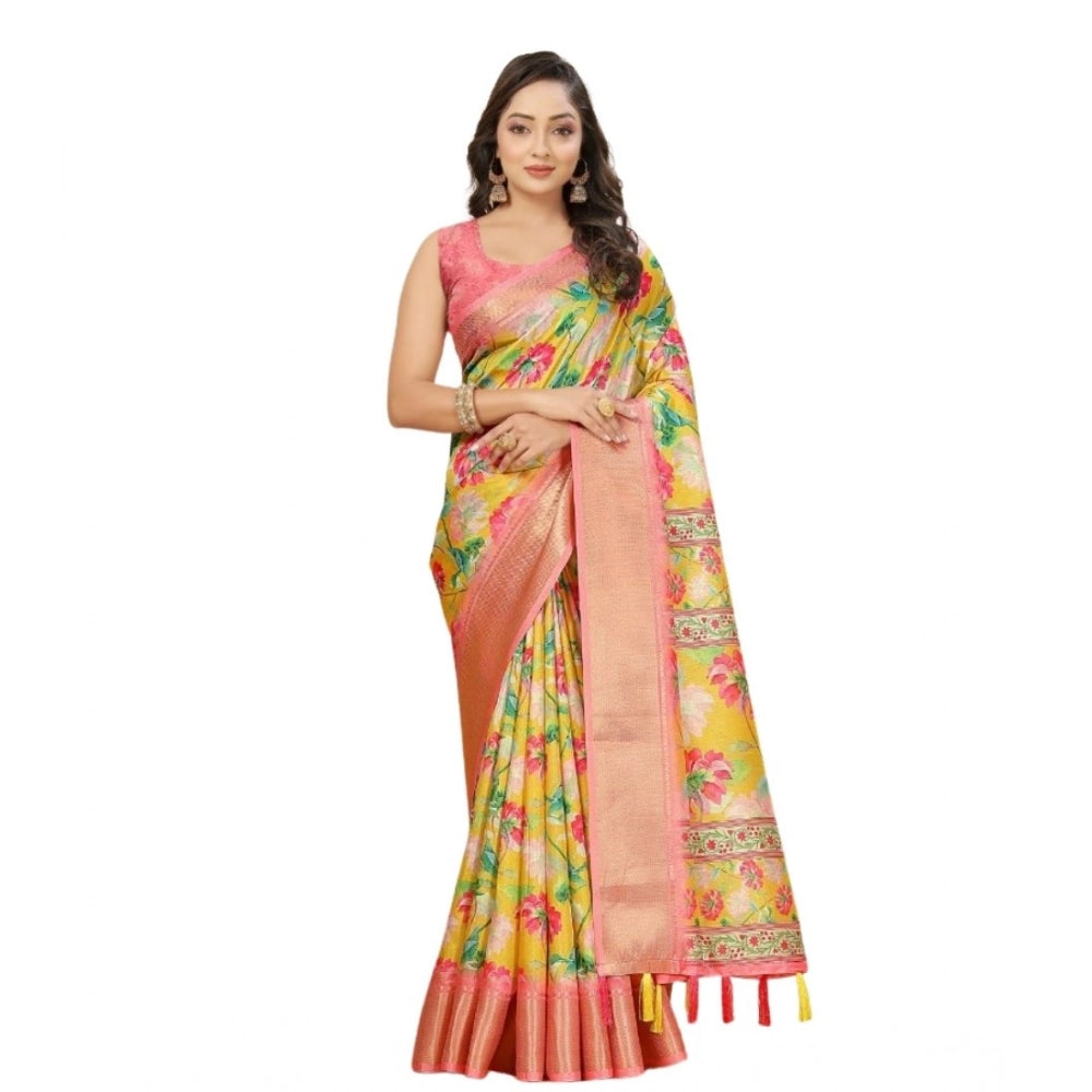 Generic Women's Cotton Silk Floral Printed Saree With Unstitched Blouse 5.5Mtr (Yellow)