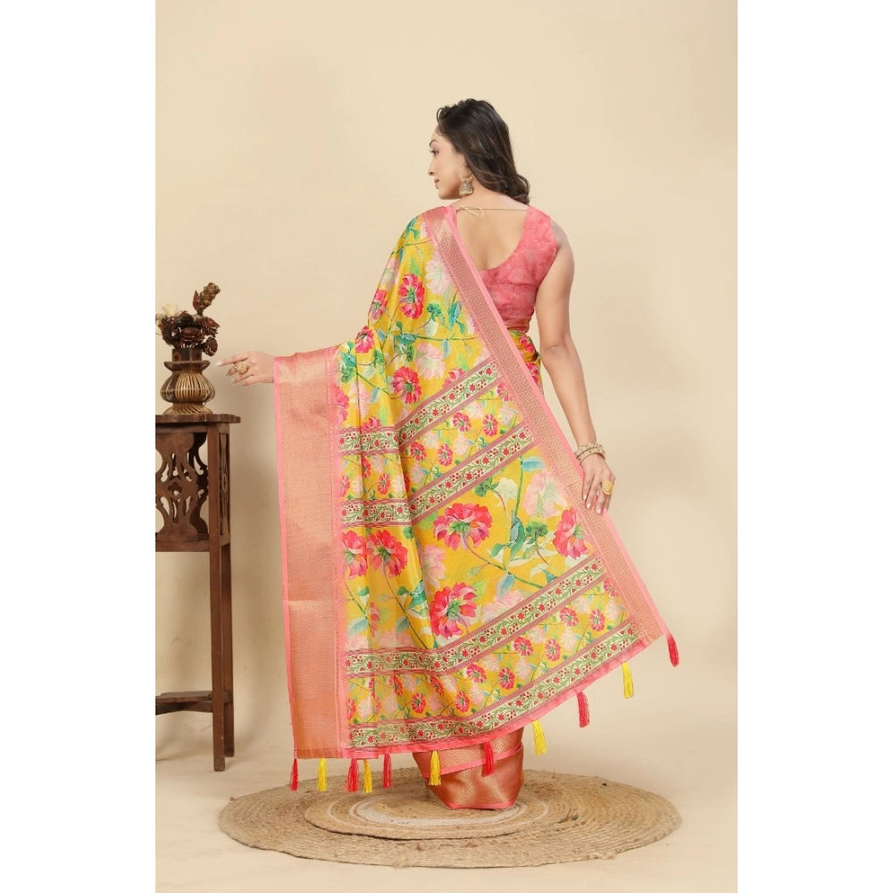 Generic Women's Cotton Silk Floral Printed Saree With Unstitched Blouse 5.5Mtr (Yellow)