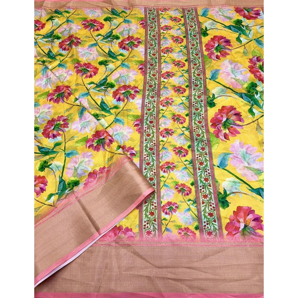 Generic Women's Cotton Silk Floral Printed Saree With Unstitched Blouse 5.5Mtr (Yellow)