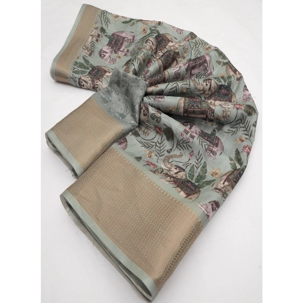 Generic Women's Cotton Silk Printed Saree With Unstitched Blouse 5.5Mtr (Green)