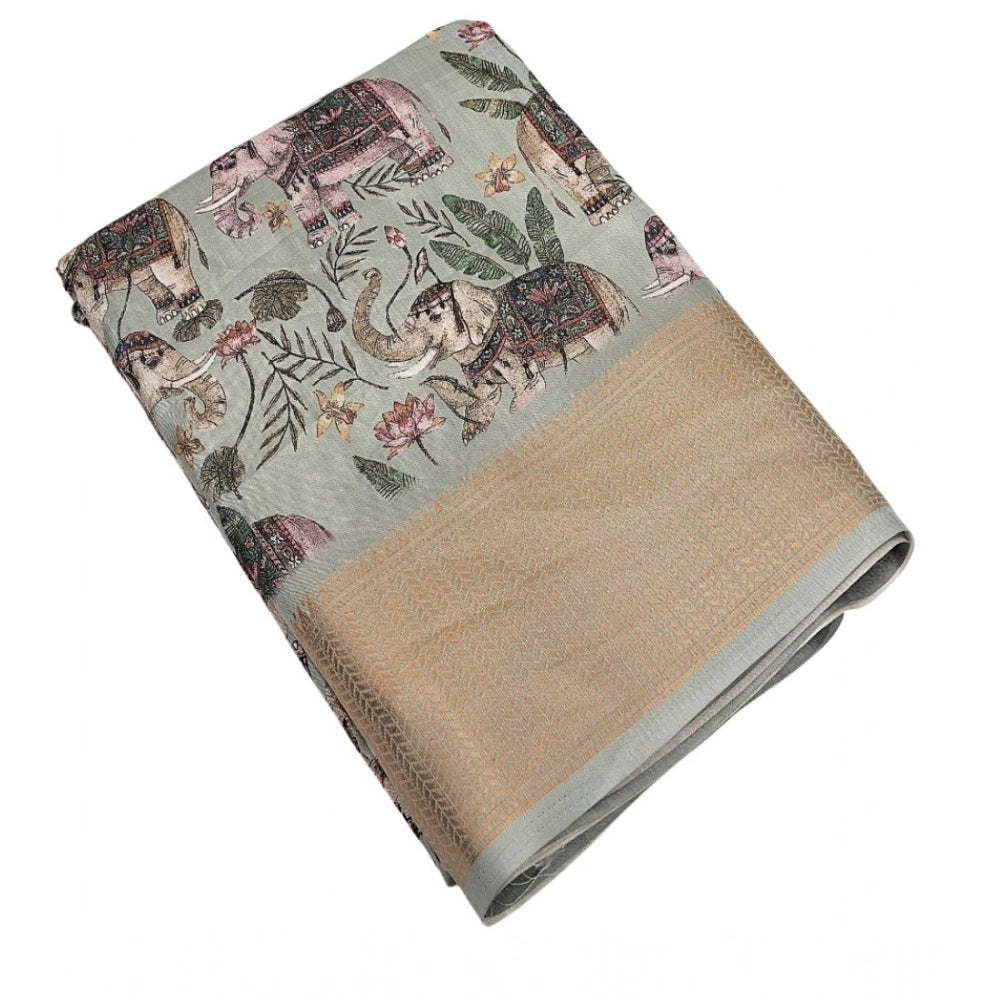 Generic Women's Cotton Silk Printed Saree With Unstitched Blouse 5.5Mtr (Green)