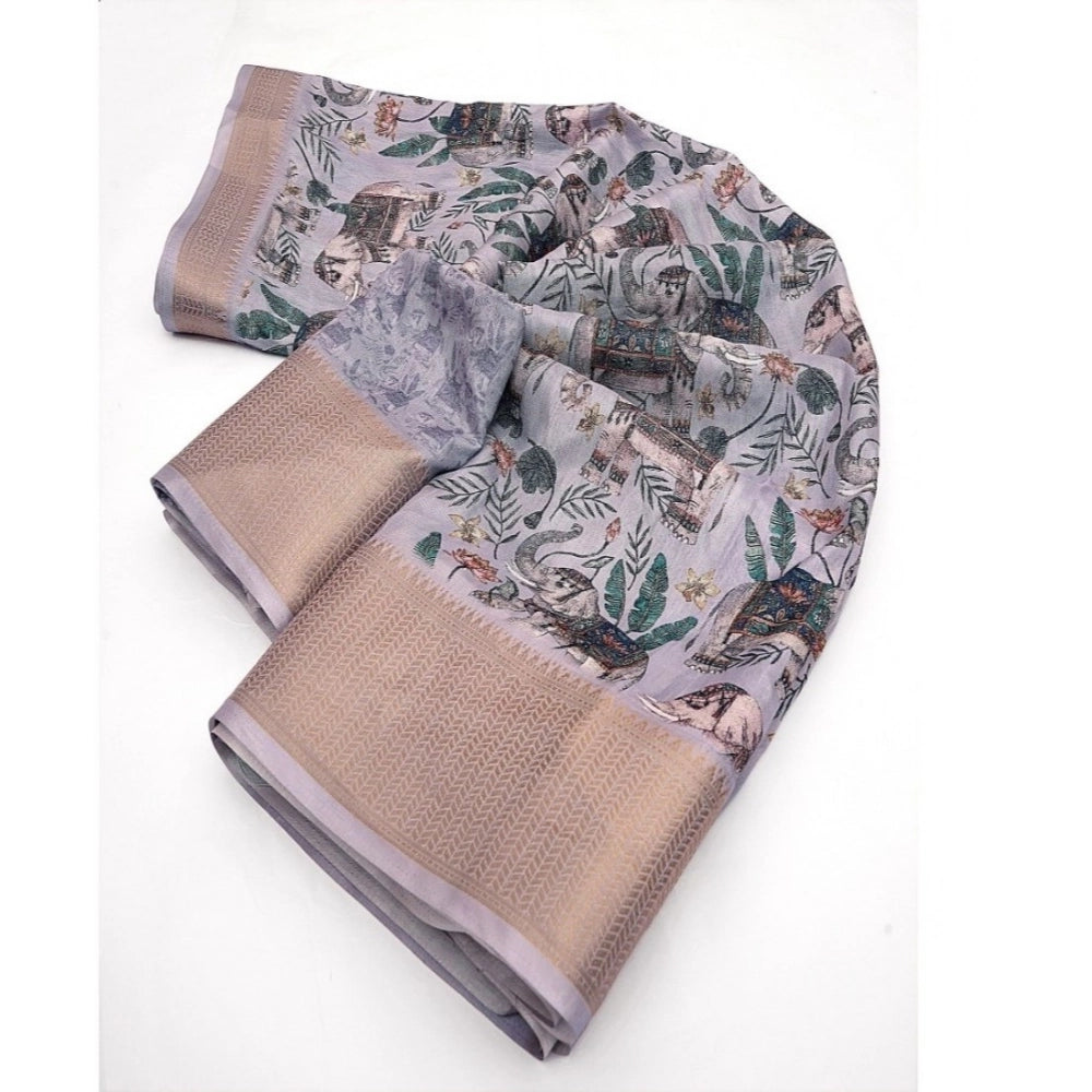 Generic Women's Cotton Silk Printed Saree With Unstitched Blouse 5.5Mtr (Grey)