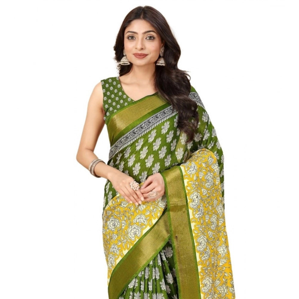 Generic Women's Cotton Blend Printed Saree With Unstitched Blouse 5.5Mtr (Mehandi)
