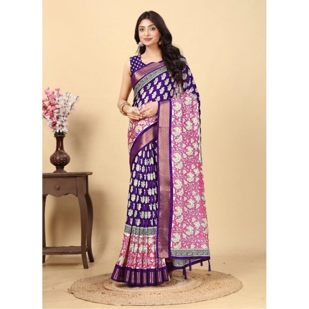 Generic Women's Cotton Blend Printed Saree With Unstitched Blouse 5.5Mtr (Purple)