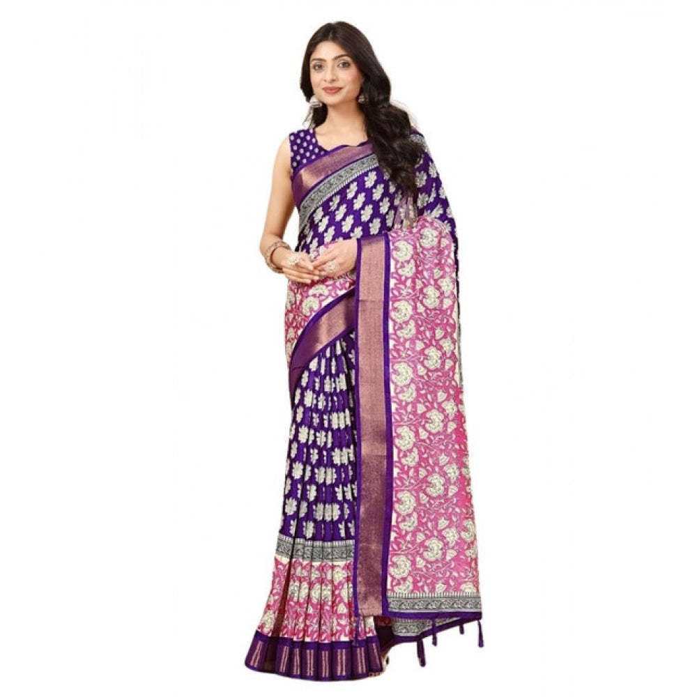 Generic Women's Cotton Blend Printed Saree With Unstitched Blouse 5.5Mtr (Purple)