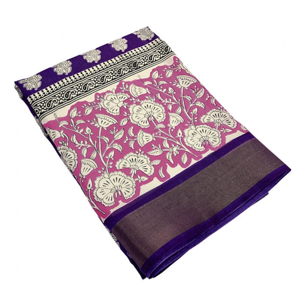 Generic Women's Cotton Blend Printed Saree With Unstitched Blouse 5.5Mtr (Purple)
