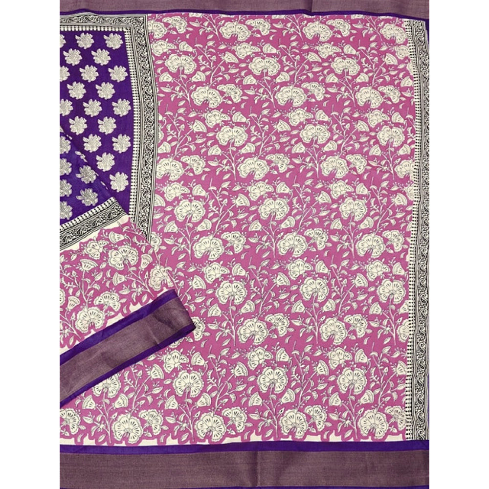 Generic Women's Cotton Blend Printed Saree With Unstitched Blouse 5.5Mtr (Purple)