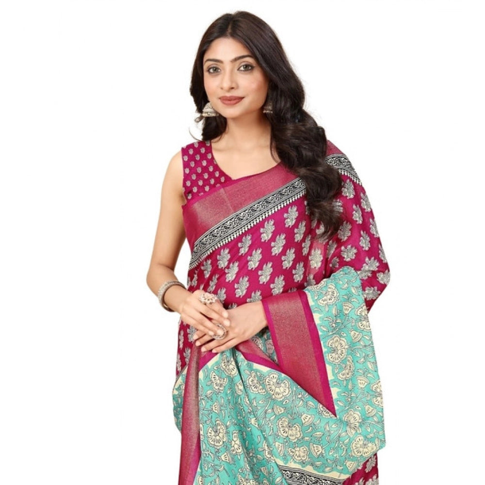 Generic Women's Cotton Blend Printed Saree With Unstitched Blouse 5.5Mtr (Multicolor)