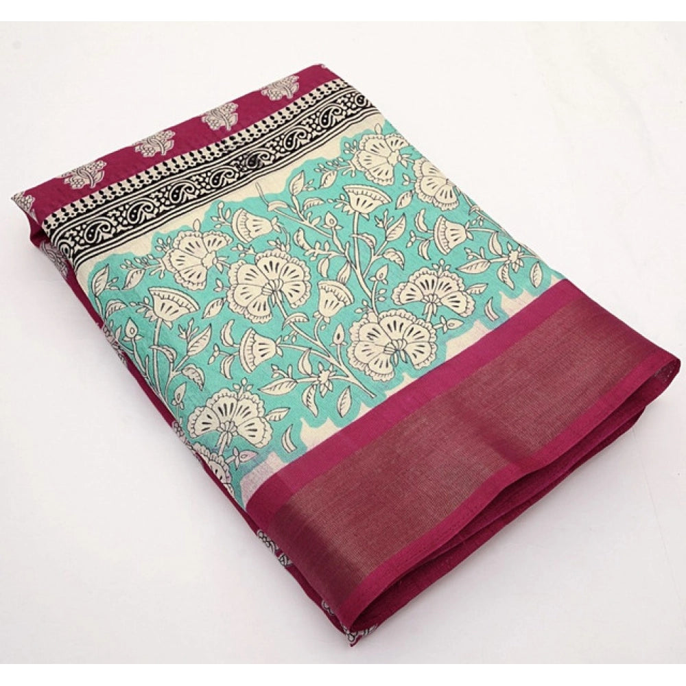 Generic Women's Cotton Blend Printed Saree With Unstitched Blouse 5.5Mtr (Multicolor)