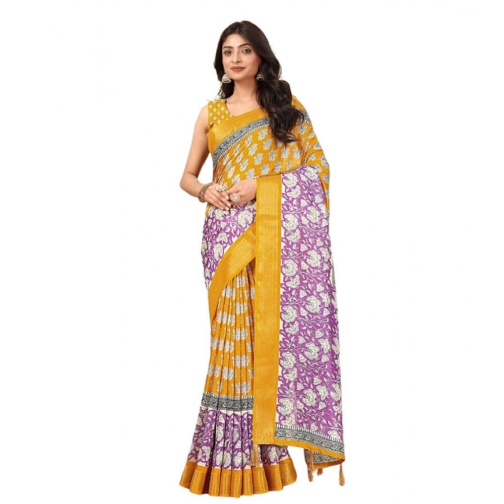 Generic Women's Cotton Blend Printed Saree With Unstitched Blouse 5.5Mtr (Yellow)