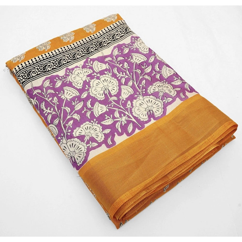 Generic Women's Cotton Blend Printed Saree With Unstitched Blouse 5.5Mtr (Yellow)