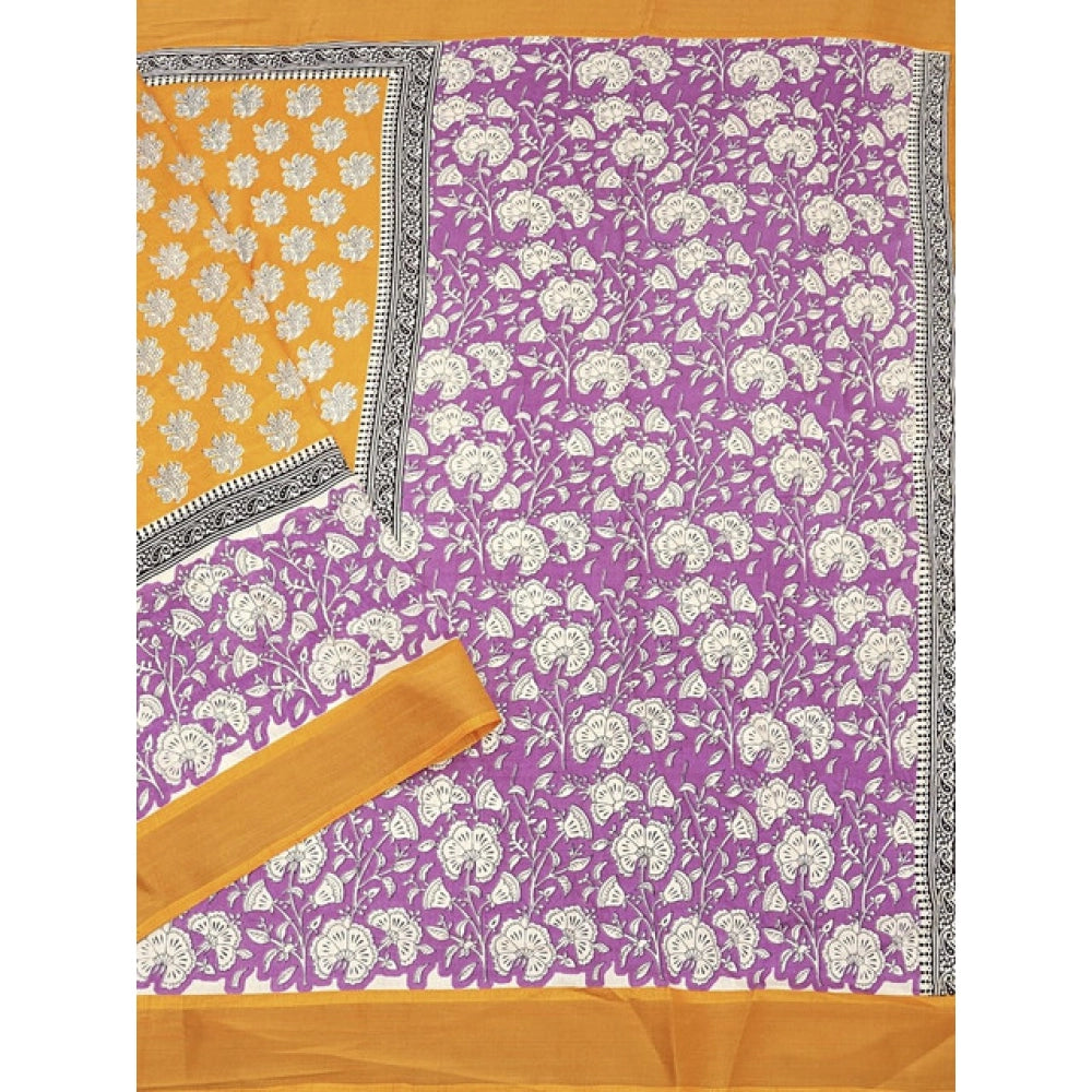 Generic Women's Cotton Blend Printed Saree With Unstitched Blouse 5.5Mtr (Yellow)