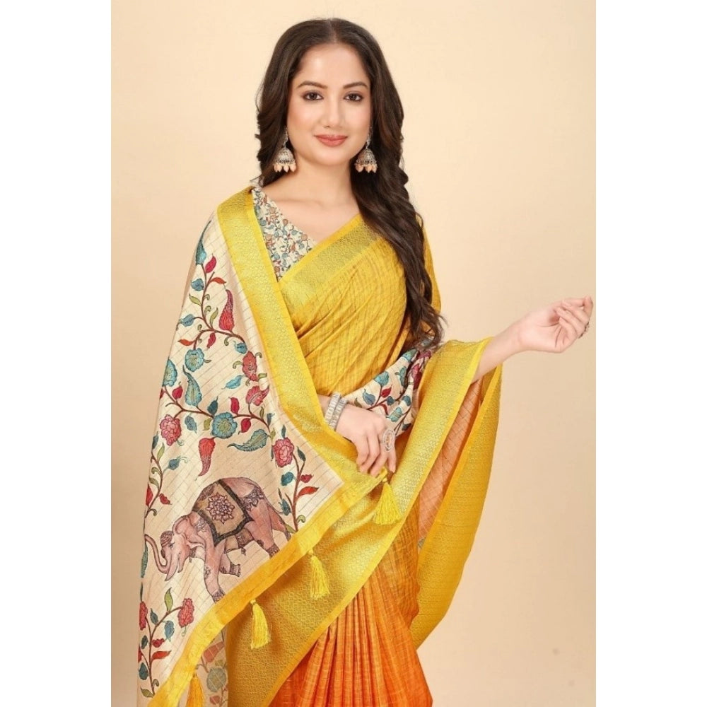 Generic Women's Cotton Blend Floral Printed Saree With Unstitched Blouse 5.5Mtr (Lemon Yellow)