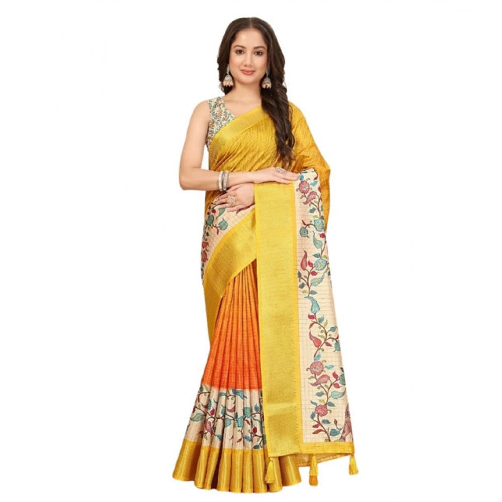 Generic Women's Cotton Blend Floral Printed Saree With Unstitched Blouse 5.5Mtr (Lemon Yellow)