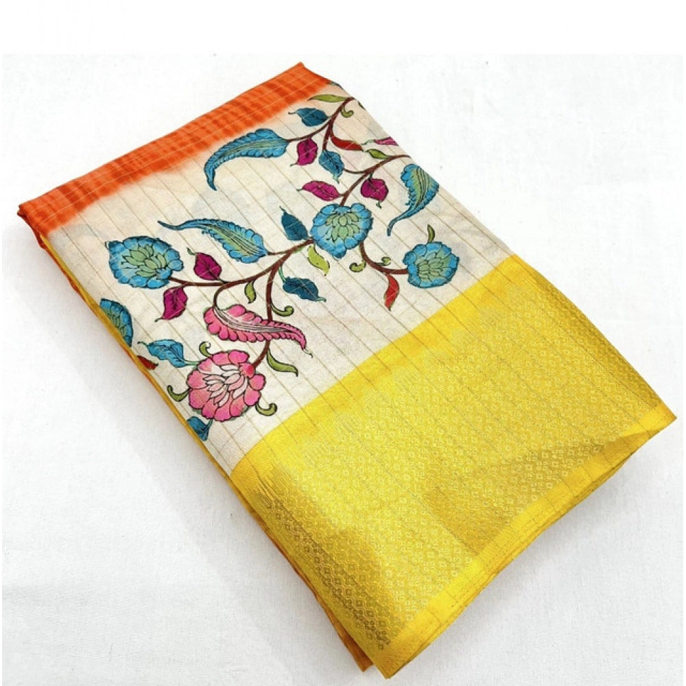Generic Women's Cotton Blend Floral Printed Saree With Unstitched Blouse 5.5Mtr (Lemon Yellow)