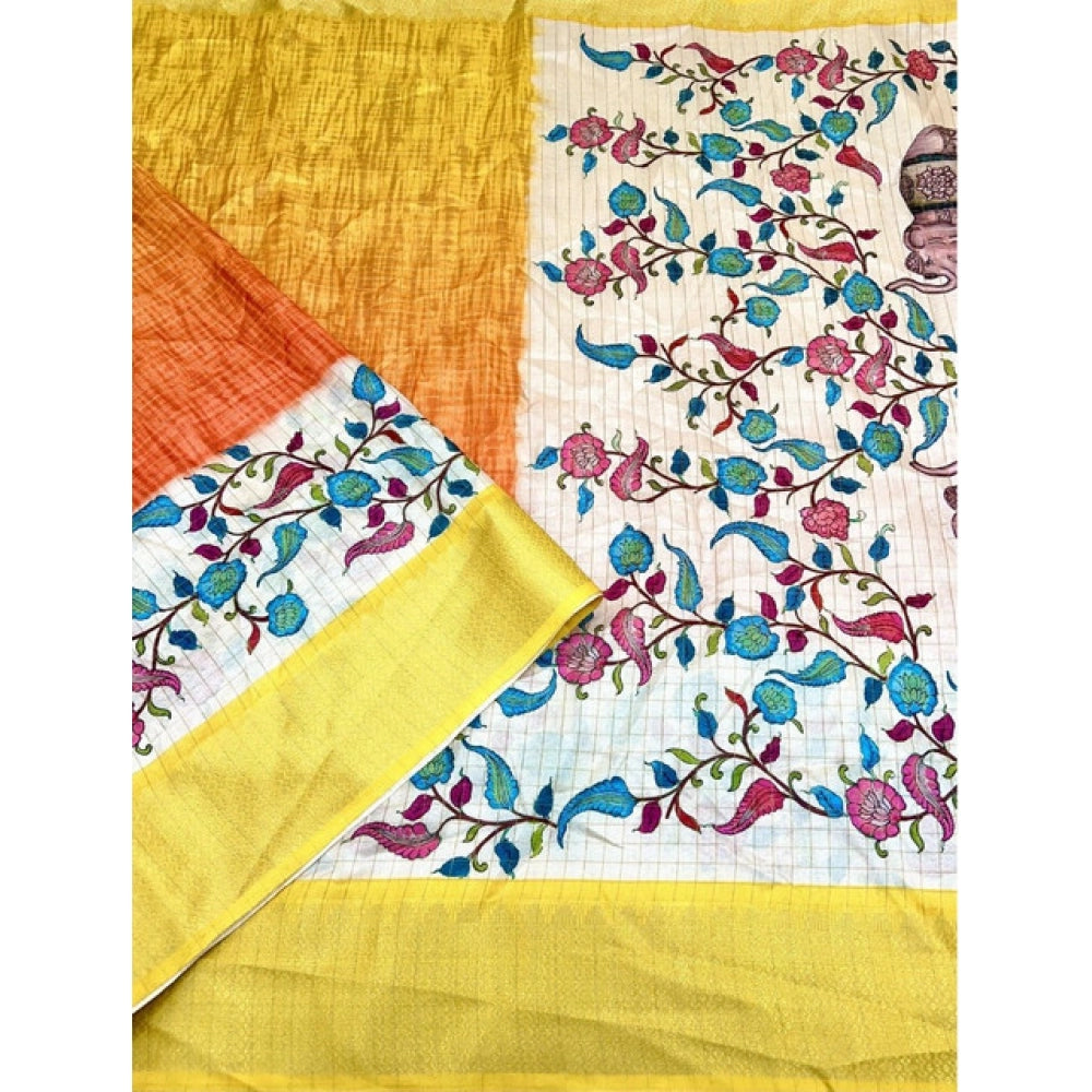 Generic Women's Cotton Blend Floral Printed Saree With Unstitched Blouse 5.5Mtr (Lemon Yellow)