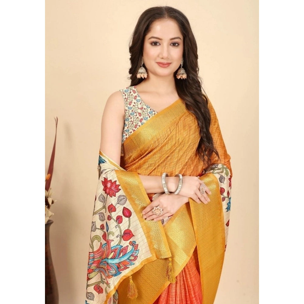 Generic Women's Cotton Blend Floral Printed Saree With Unstitched Blouse 5.5Mtr (Yellow)