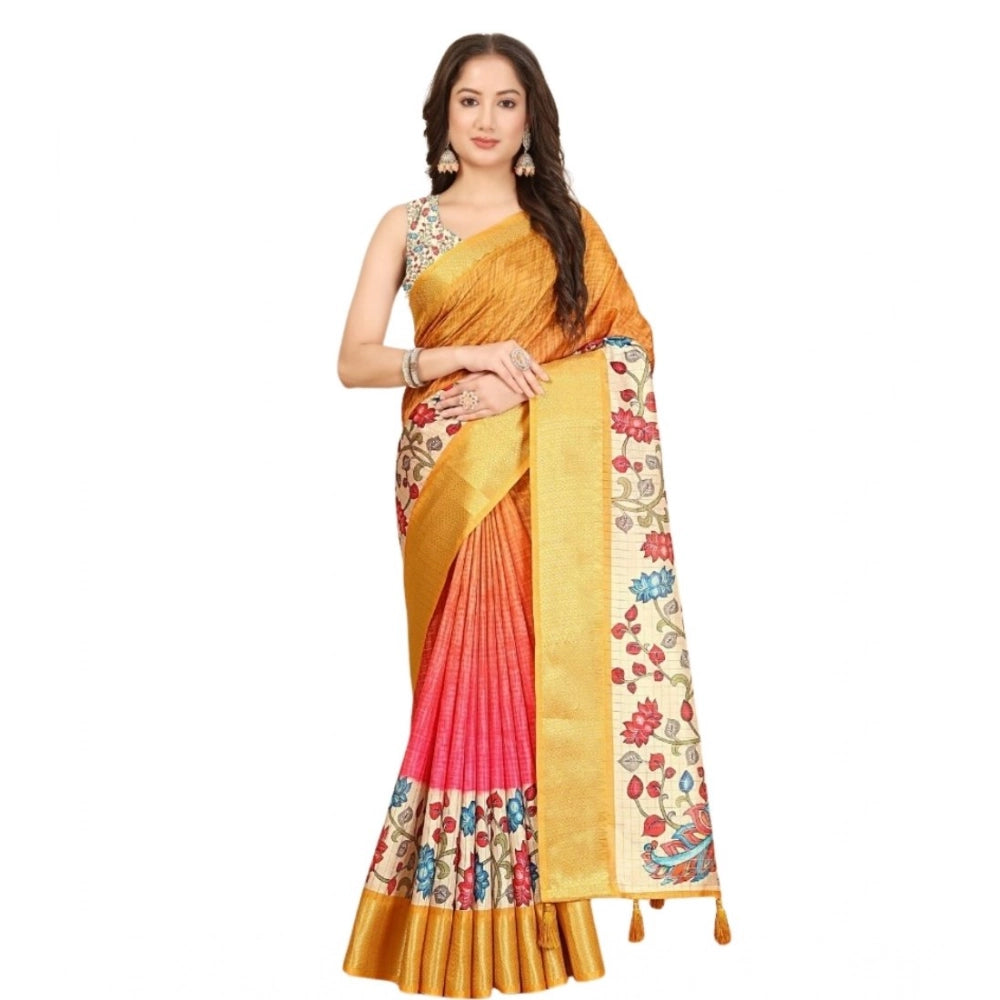 Generic Women's Cotton Blend Floral Printed Saree With Unstitched Blouse 5.5Mtr (Yellow)