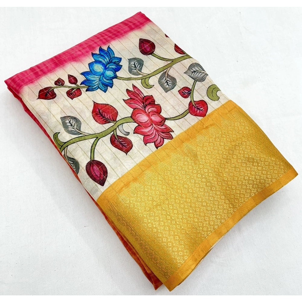 Generic Women's Cotton Blend Floral Printed Saree With Unstitched Blouse 5.5Mtr (Yellow)